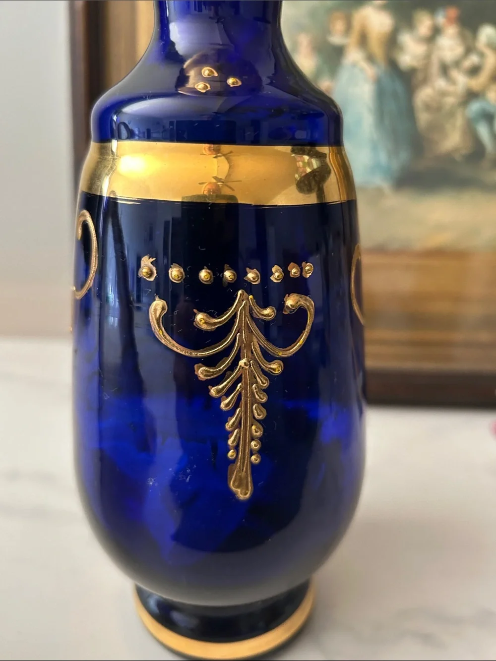 Cobalt Blue and  24 k Gold inlay  Glass pitcher with Hand-Painted Floral Motif